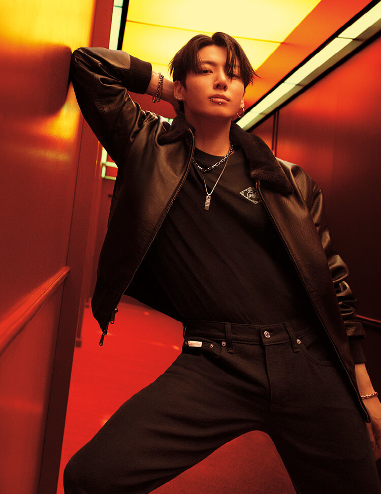 Calvin Klein Jung Kook Heats Up Full denim with a 90s edge. The denim worn low to show off the iconic logo waistband